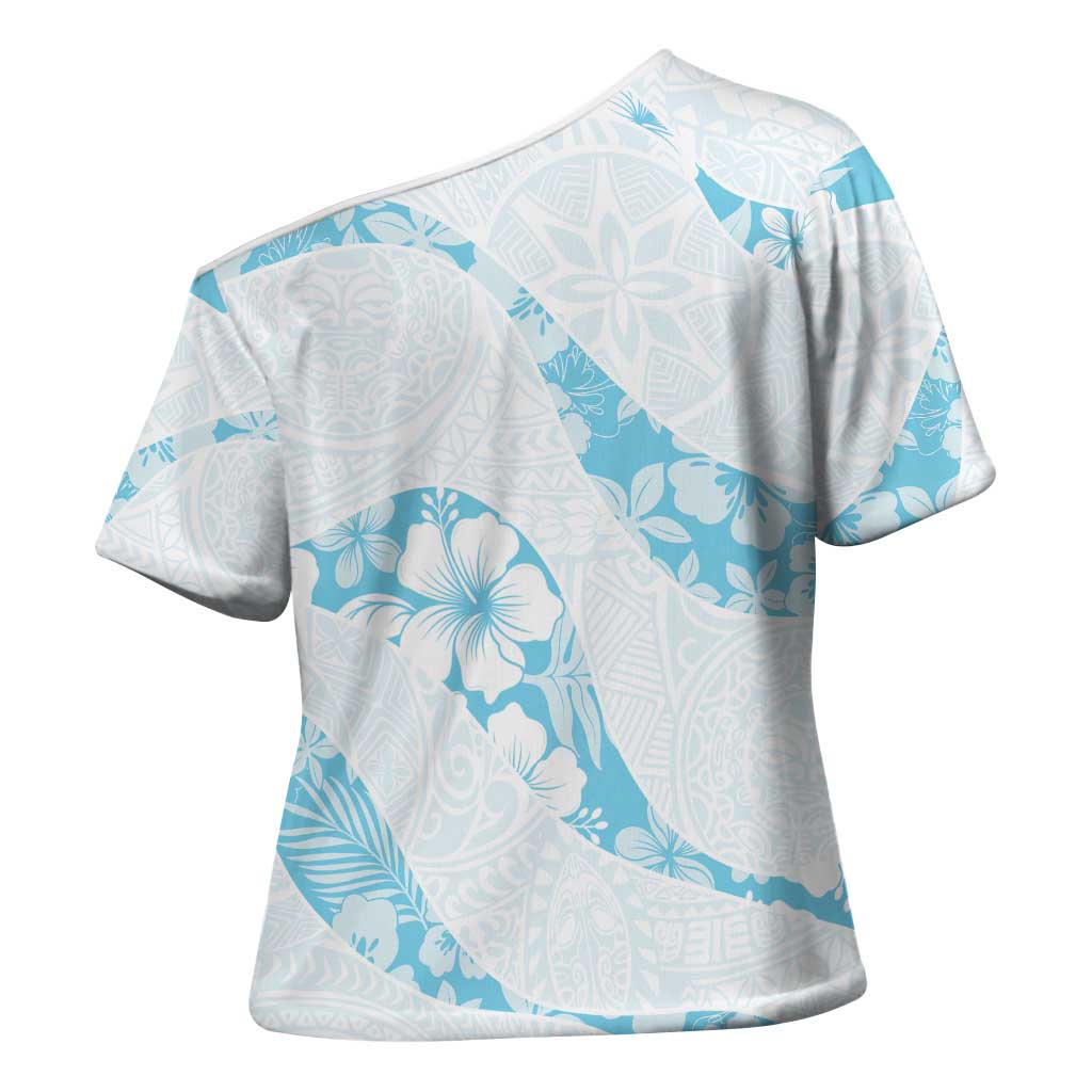 Aloha Hawaii Floral Tapa Cross Shoulder Shirt Patchwork Turquoise LT7 - Polynesian Pride