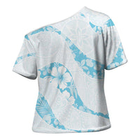 Aloha Hawaii Floral Tapa Cross Shoulder Shirt Patchwork Turquoise LT7 - Polynesian Pride