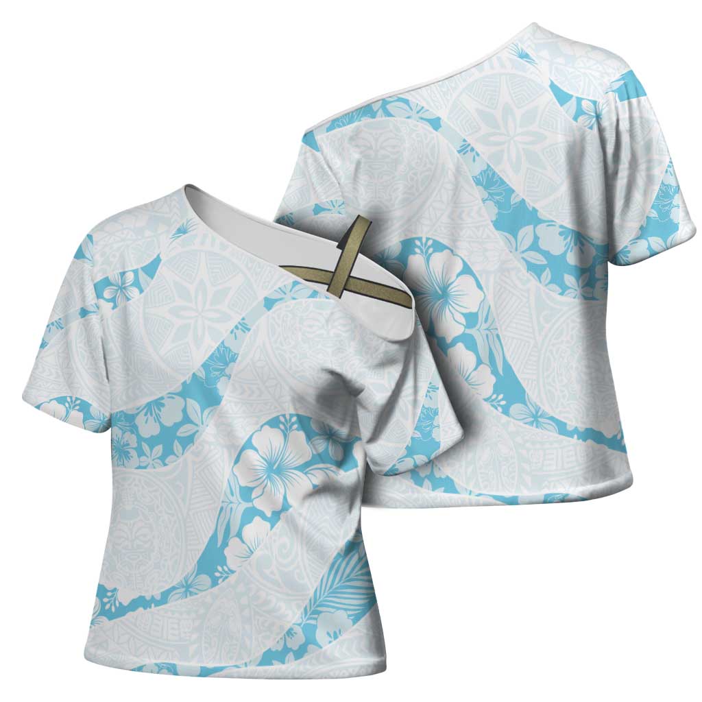 Aloha Hawaii Floral Tapa Cross Shoulder Shirt Patchwork Turquoise LT7 - Polynesian Pride