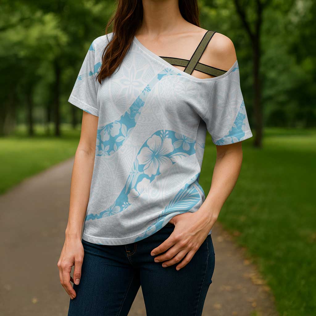 Aloha Hawaii Floral Tapa Cross Shoulder Shirt Patchwork Turquoise LT7 - Polynesian Pride