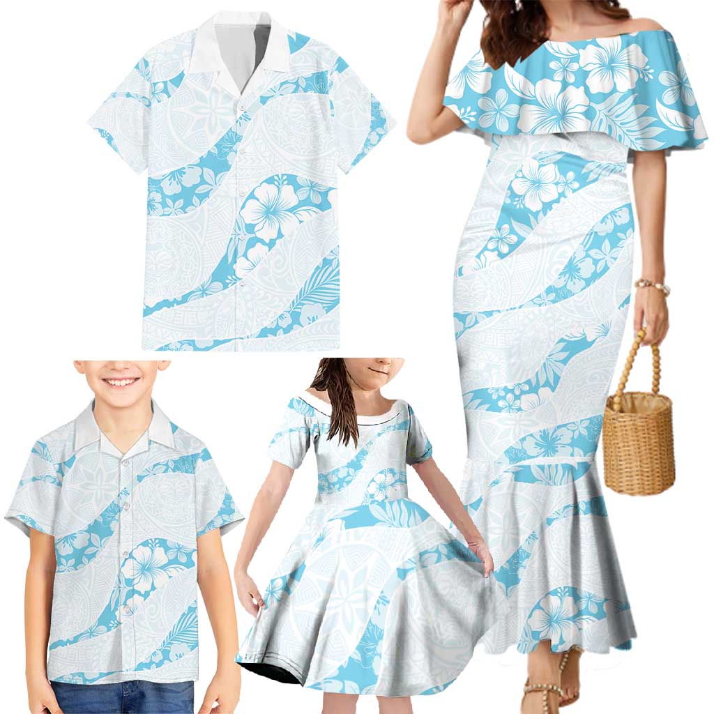 Aloha Hawaii Floral Tapa Family Matching Mermaid Dress and Hawaiian Shirt Patchwork Turquoise - Polynesian Pride