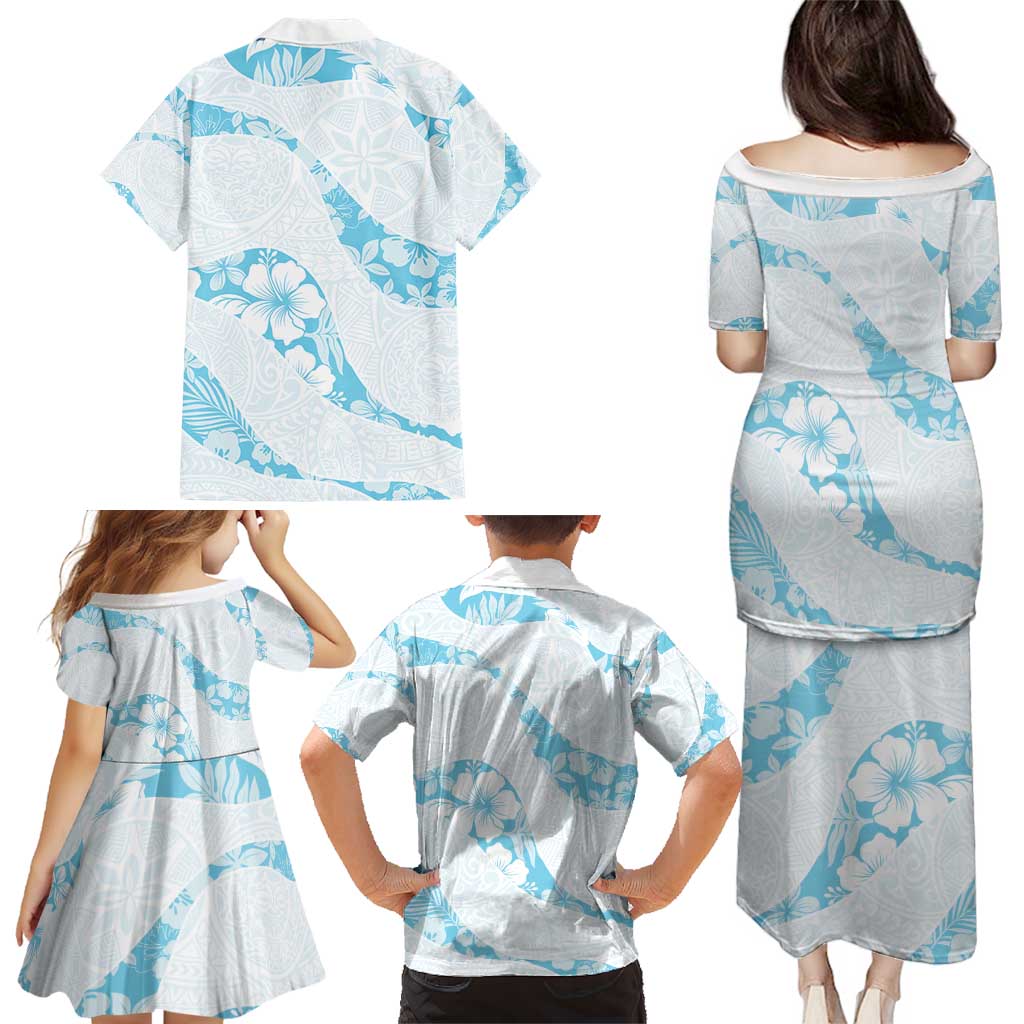 Aloha Hawaii Floral Tapa Family Matching Puletasi and Hawaiian Shirt Patchwork Turquoise LT7 - Polynesian Pride