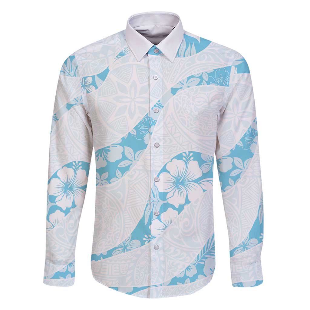 Aloha Hawaii Floral Tapa Family Matching Puletasi and Hawaiian Shirt Patchwork Turquoise LT7 Dad's Shirt - Long Sleeve Turquoise - Polynesian Pride
