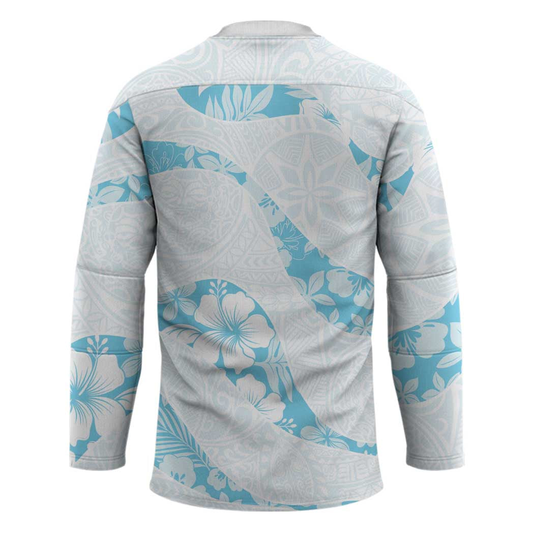 Aloha Hawaii Floral Tapa Hockey Jersey Patchwork Turquoise - Polynesian Pride