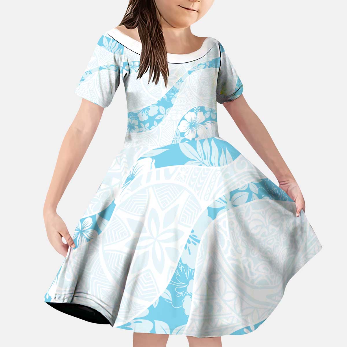 Aloha Hawaii Floral Tapa Kid Short Sleeve Dress Patchwork Turquoise - Polynesian Pride