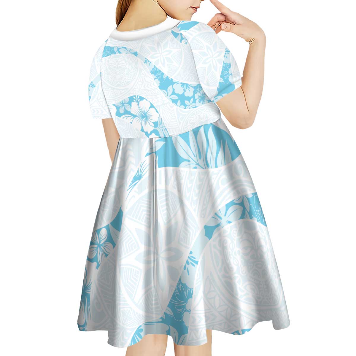 Aloha Hawaii Floral Tapa Kid Short Sleeve Dress Patchwork Turquoise - Polynesian Pride