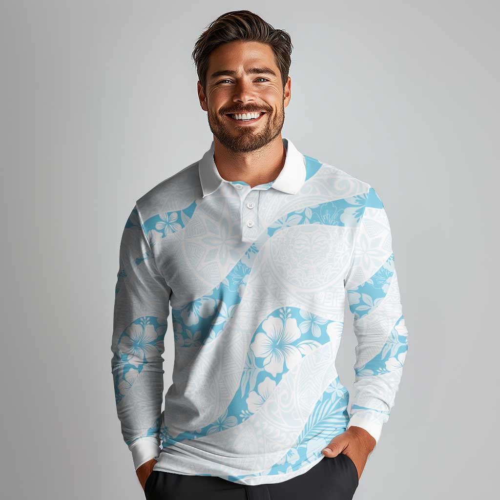 Aloha Hawaii Floral Tapa Long Sleeve Polo Shirt Patchwork Turquoise LT7 - Polynesian Pride