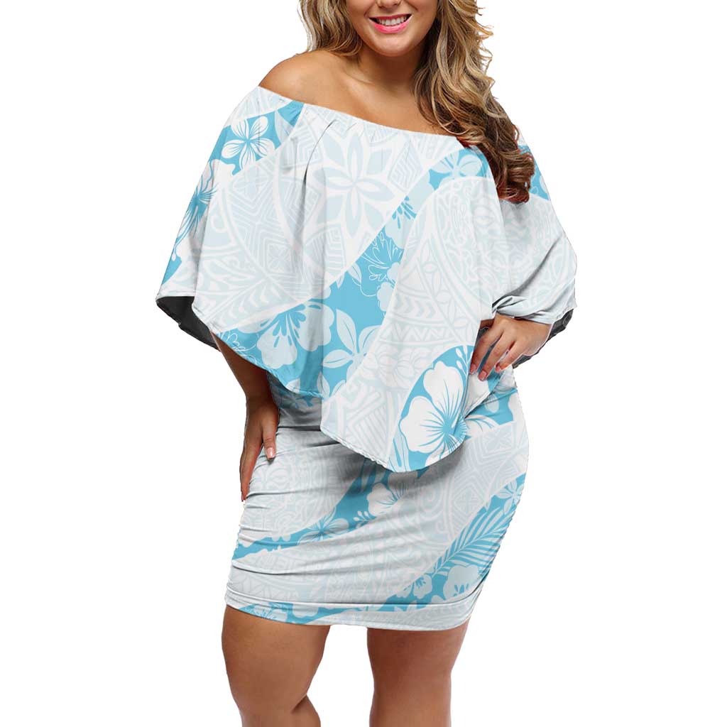 Aloha Hawaii Floral Tapa Off Shoulder Short Dress Patchwork Turquoise - Polynesian Pride