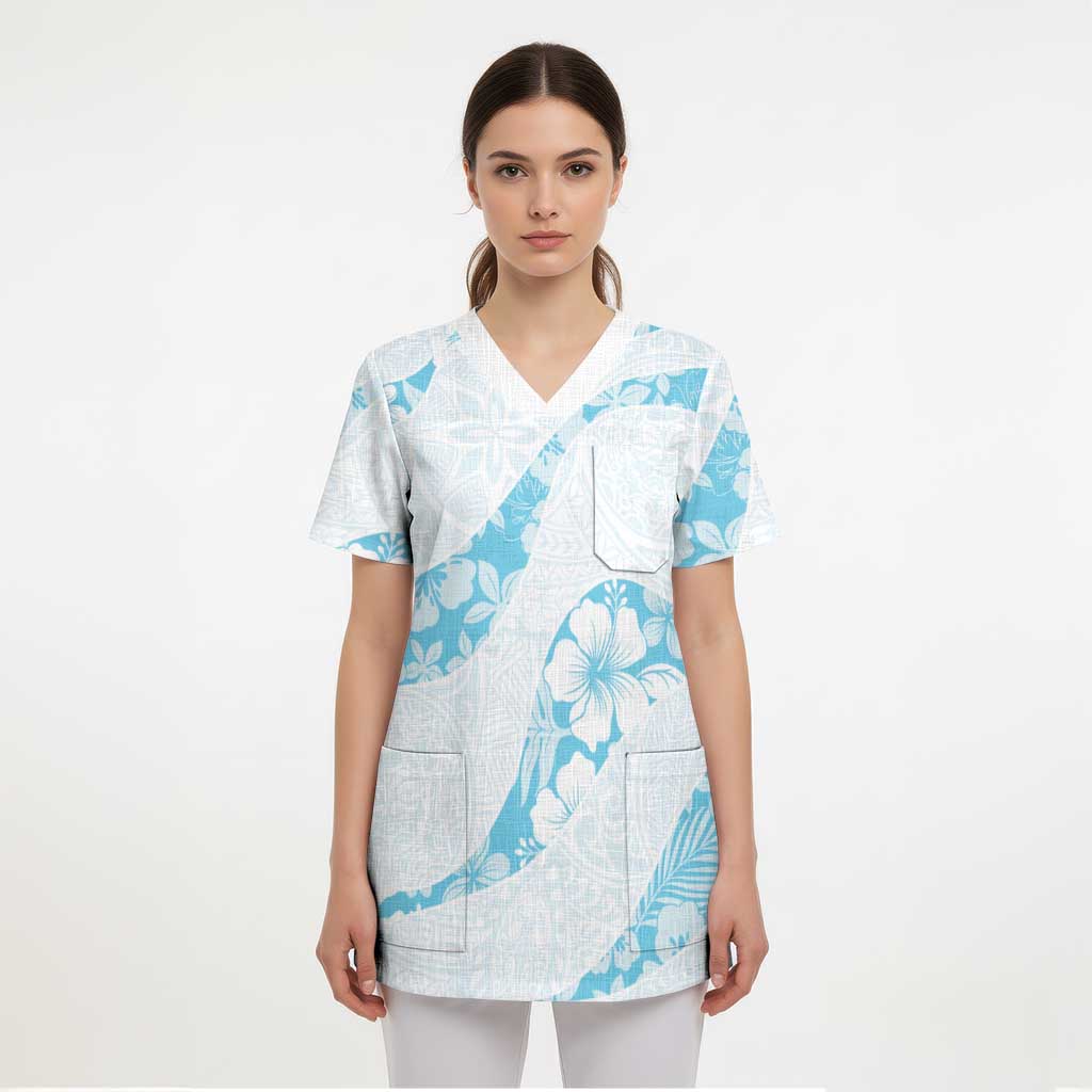 Aloha Hawaii Floral Tapa Scrub Top Patchwork Turquoise - Polynesian Pride