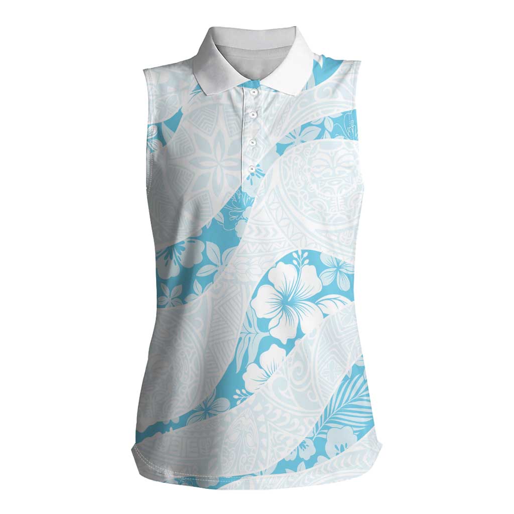 Aloha Hawaii Floral Tapa Women Sleeveless Polo Shirt Patchwork Turquoise LT7 Female Turquoise - Polynesian Pride