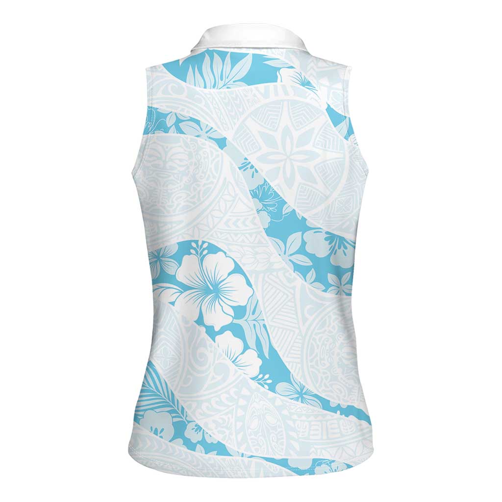 Aloha Hawaii Floral Tapa Women Sleeveless Polo Shirt Patchwork Turquoise LT7 - Polynesian Pride