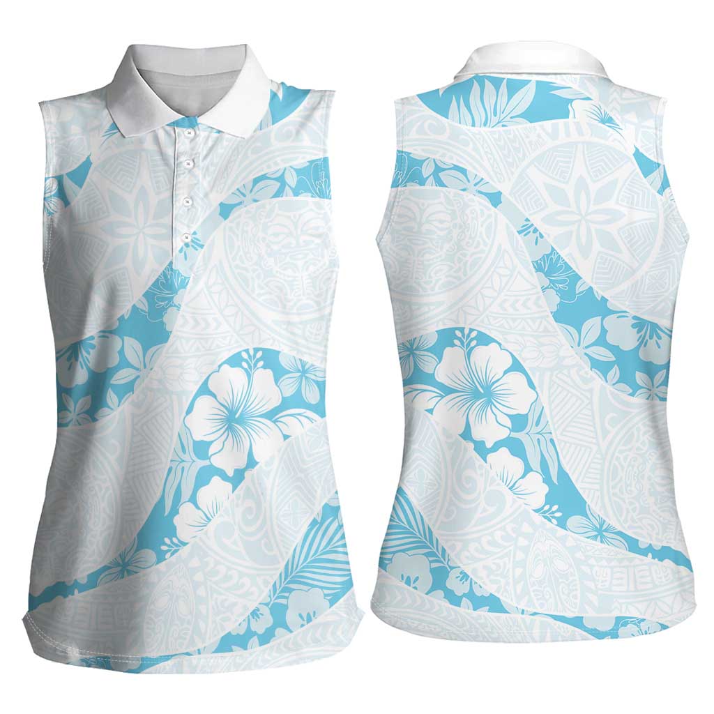 Aloha Hawaii Floral Tapa Women Sleeveless Polo Shirt Patchwork Turquoise LT7 - Polynesian Pride