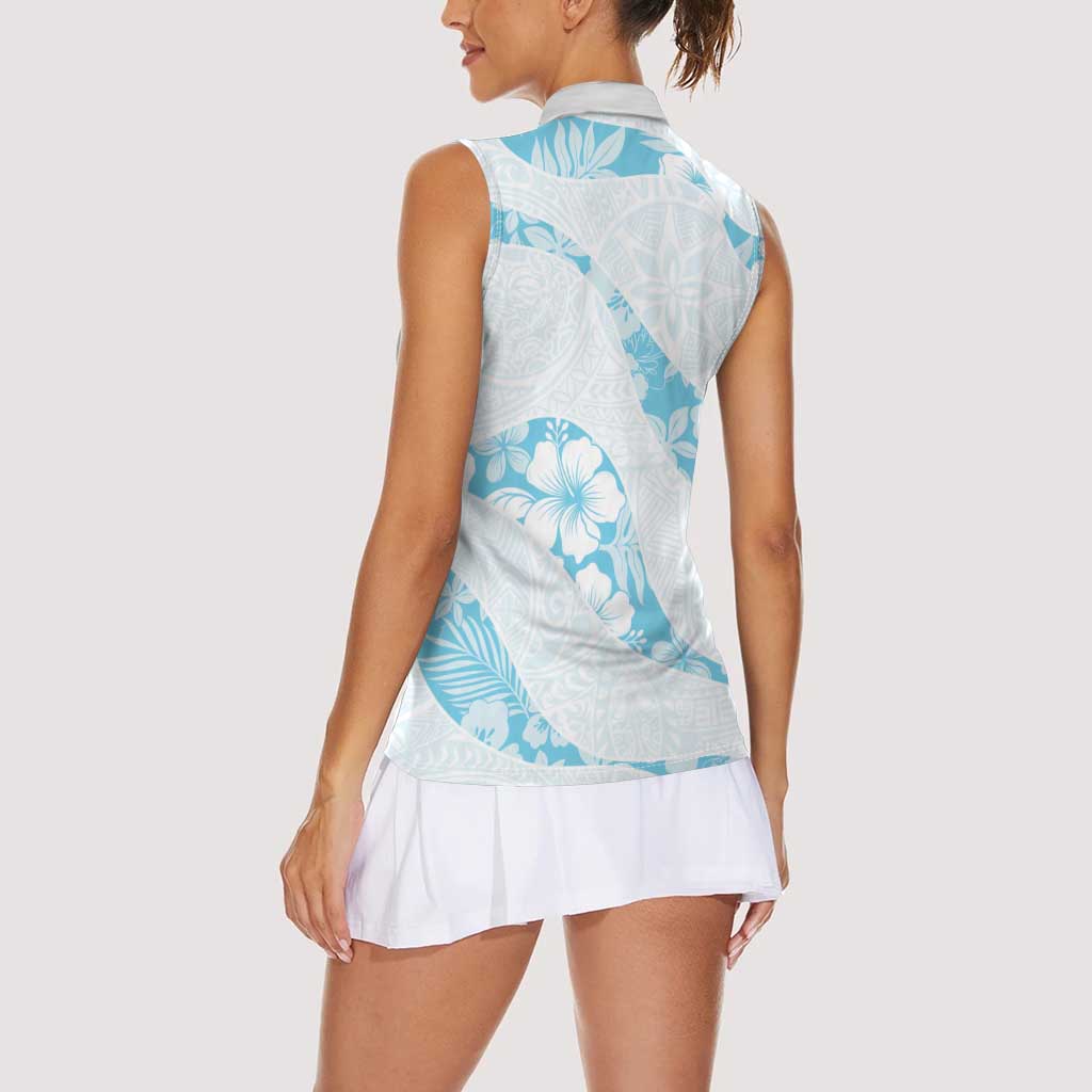 Aloha Hawaii Floral Tapa Women Sleeveless Polo Shirt Patchwork Turquoise LT7 - Polynesian Pride