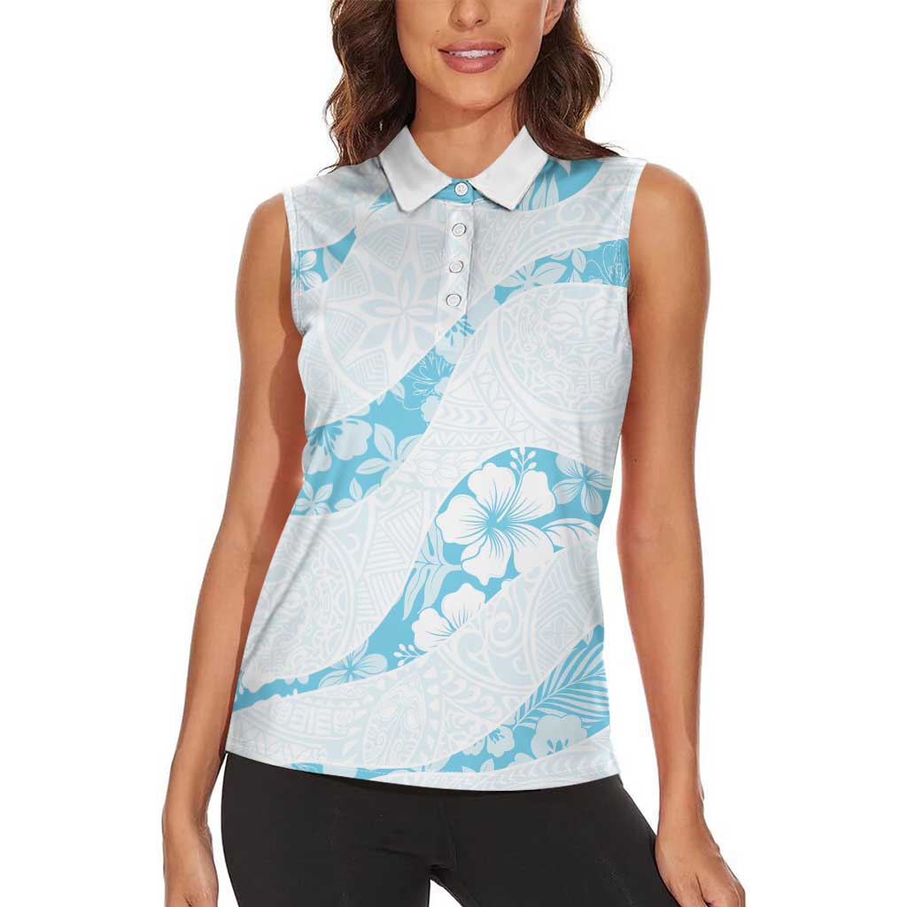 Aloha Hawaii Floral Tapa Women Sleeveless Polo Shirt Patchwork Turquoise LT7 - Polynesian Pride