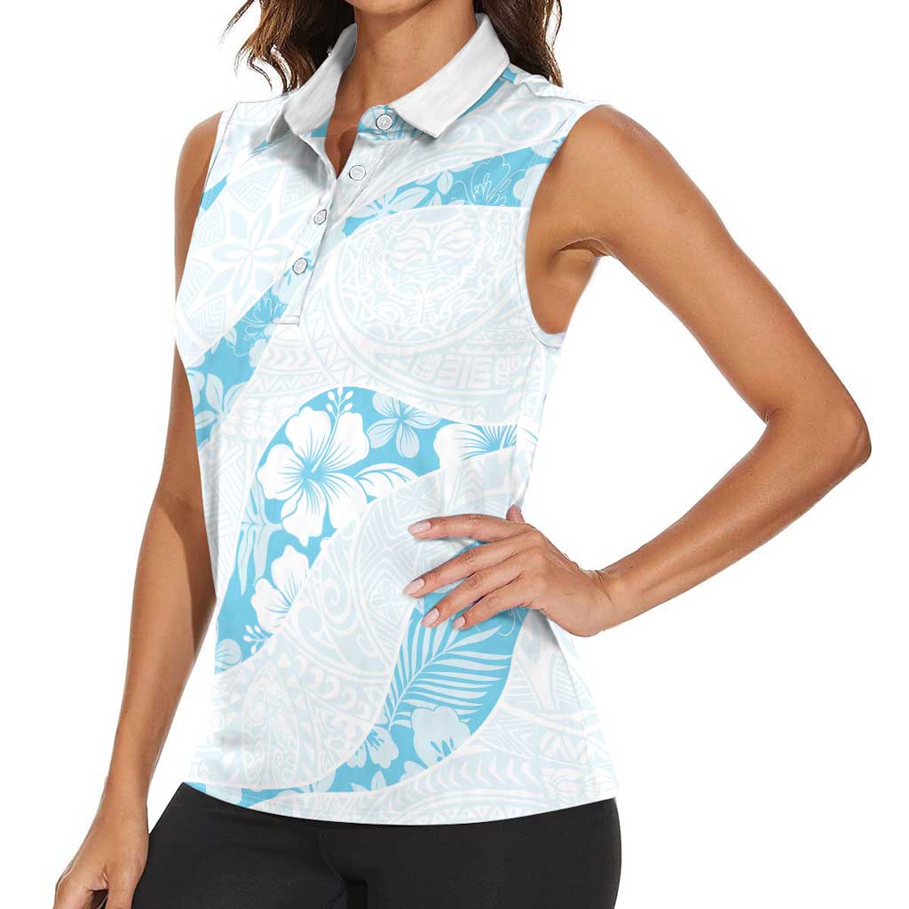 Aloha Hawaii Floral Tapa Women Sleeveless Polo Shirt Patchwork Turquoise LT7 - Polynesian Pride