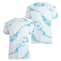 Aloha Hawaii Floral Tapa Women V-Neck T-Shirt Patchwork Turquoise - Polynesian Pride