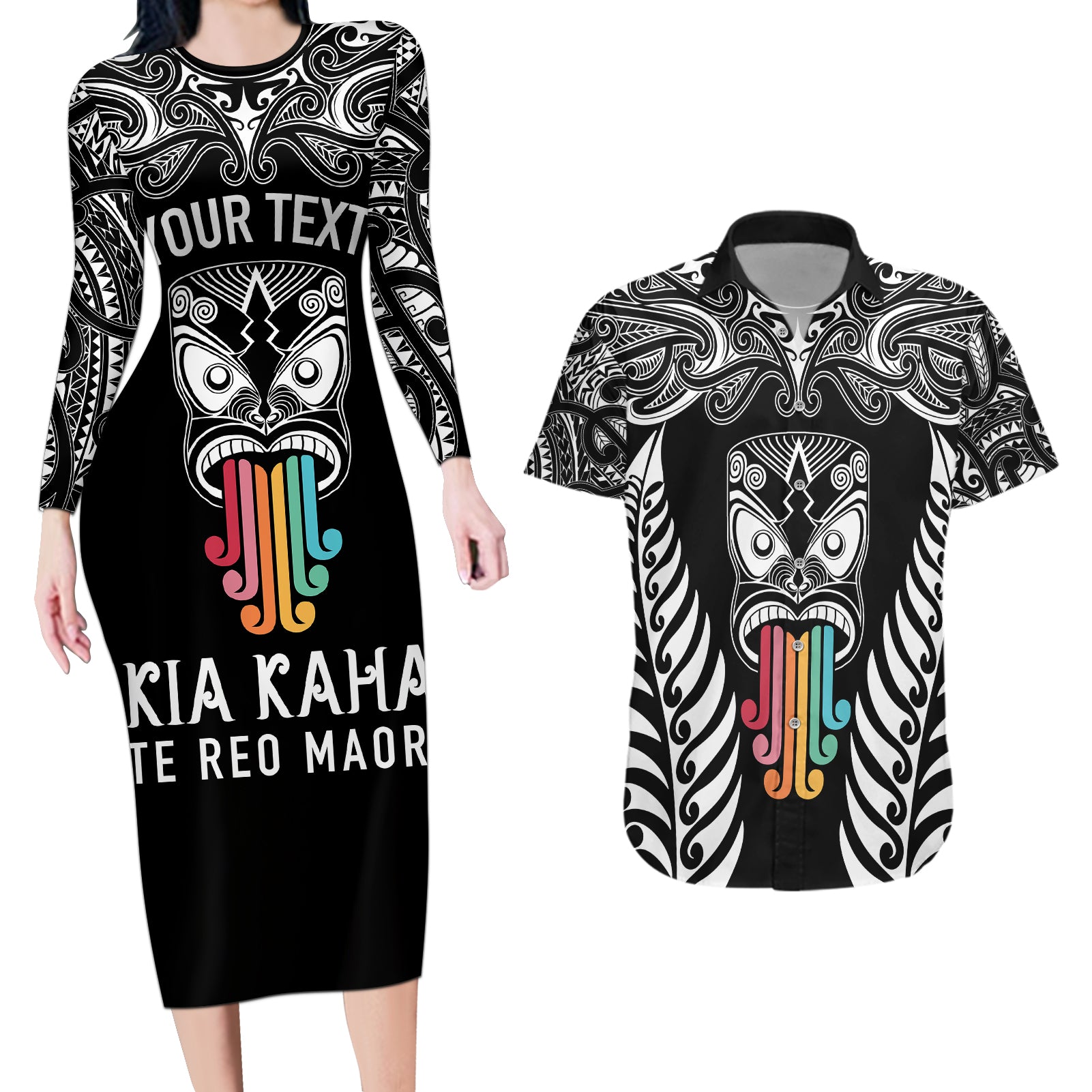 personalised-kia-kaha-te-reo-maori-couples-matching-long-sleeve-bodycon-dress-and-hawaiian-shirt-hei-tiki-mix-koru-black