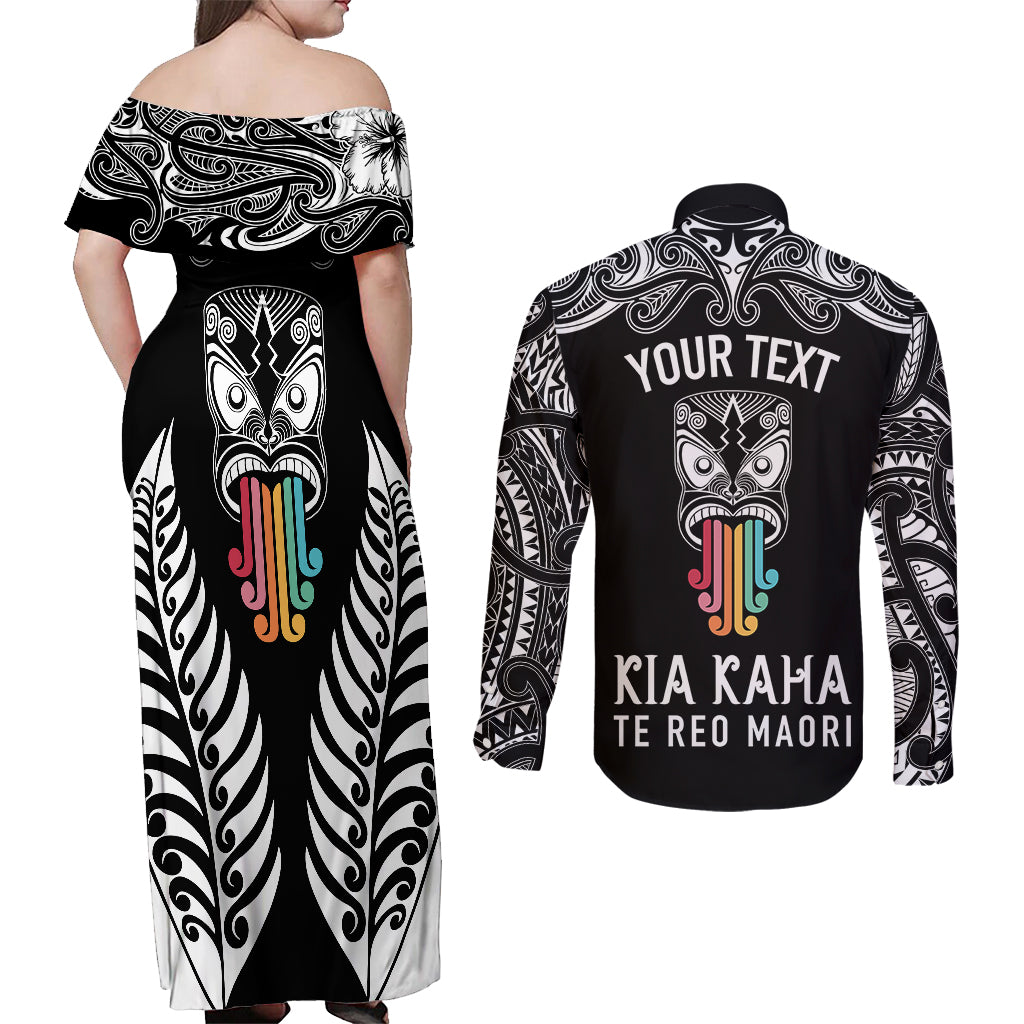 personalised-kia-kaha-te-reo-maori-couples-matching-off-shoulder-maxi-dress-and-long-sleeve-button-shirts-hei-tiki-mix-koru-black