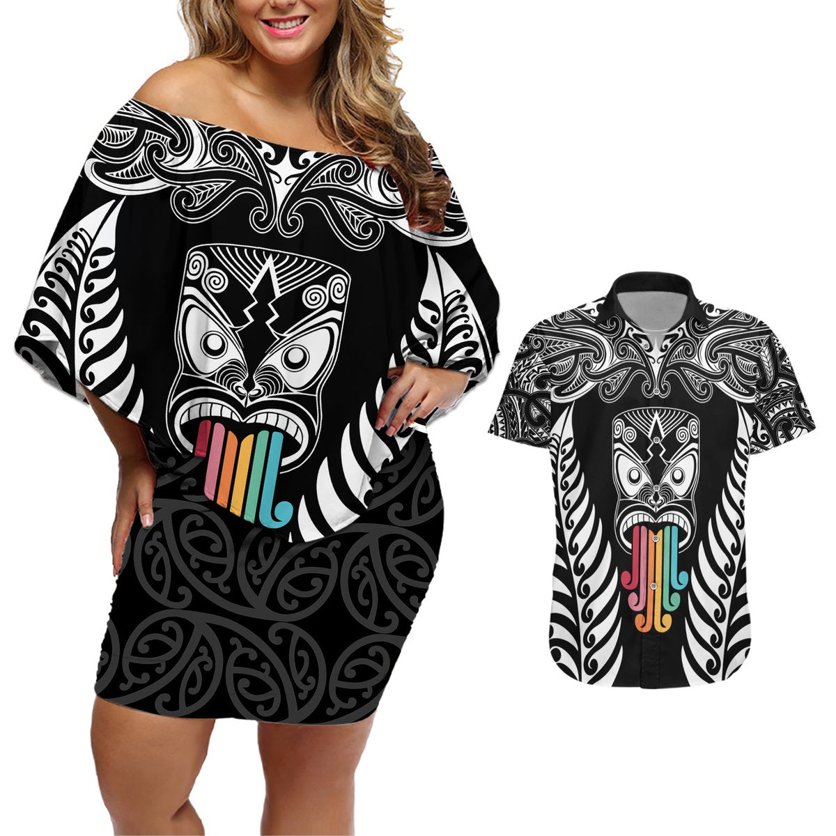 Personalised Kia Kaha Te Reo Maori Couples Matching Off Shoulder Short Dress and Hawaiian Shirt Hei Tiki Mix Koru - Black LT7 Black - Polynesian Pride