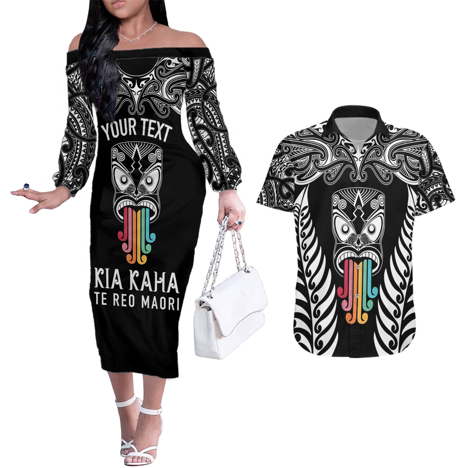 Personalised Kia Kaha Te Reo Maori Couples Matching Off The Shoulder Long Sleeve Dress and Hawaiian Shirt Hei Tiki Mix Koru - Black LT7 Black - Polynesian Pride