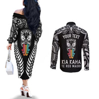 personalised-kia-kaha-te-reo-maori-couples-matching-off-the-shoulder-long-sleeve-dress-and-long-sleeve-button-shirts-hei-tiki-mix-koru-black