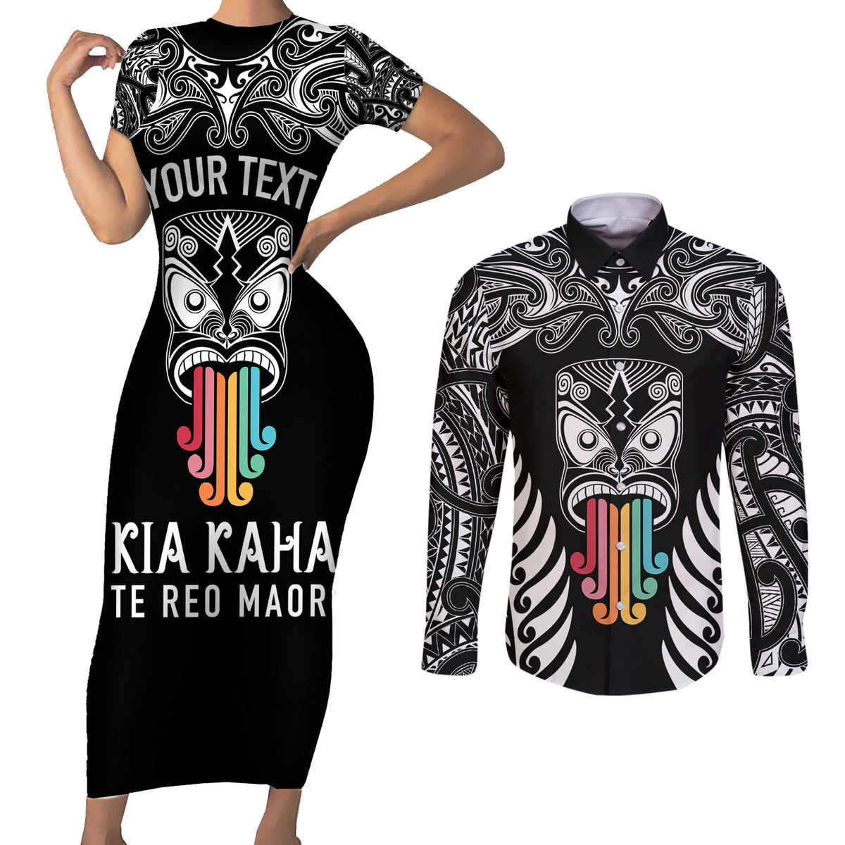 personalised-kia-kaha-te-reo-maori-couples-matching-short-sleeve-bodycon-dress-and-long-sleeve-button-shirts-hei-tiki-mix-koru-black