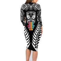 personalised-kia-kaha-te-reo-maori-family-matching-long-sleeve-bodycon-dress-and-hawaiian-shirt-hei-tiki-mix-koru-black