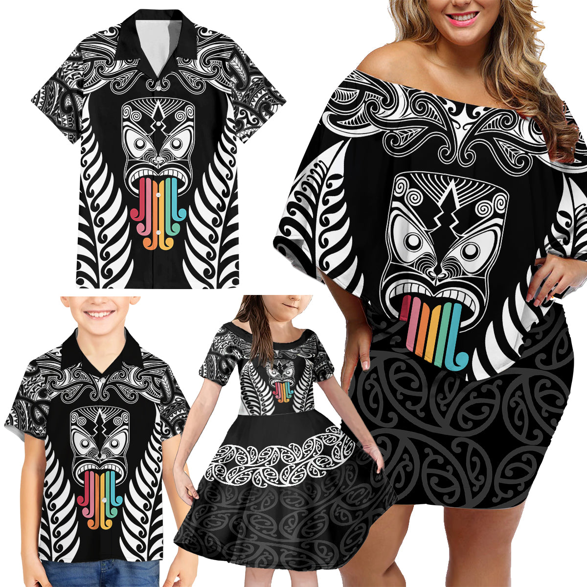 personalised-kia-kaha-te-reo-maori-family-matching-off-shoulder-short-dress-and-hawaiian-shirt-hei-tiki-mix-koru-black