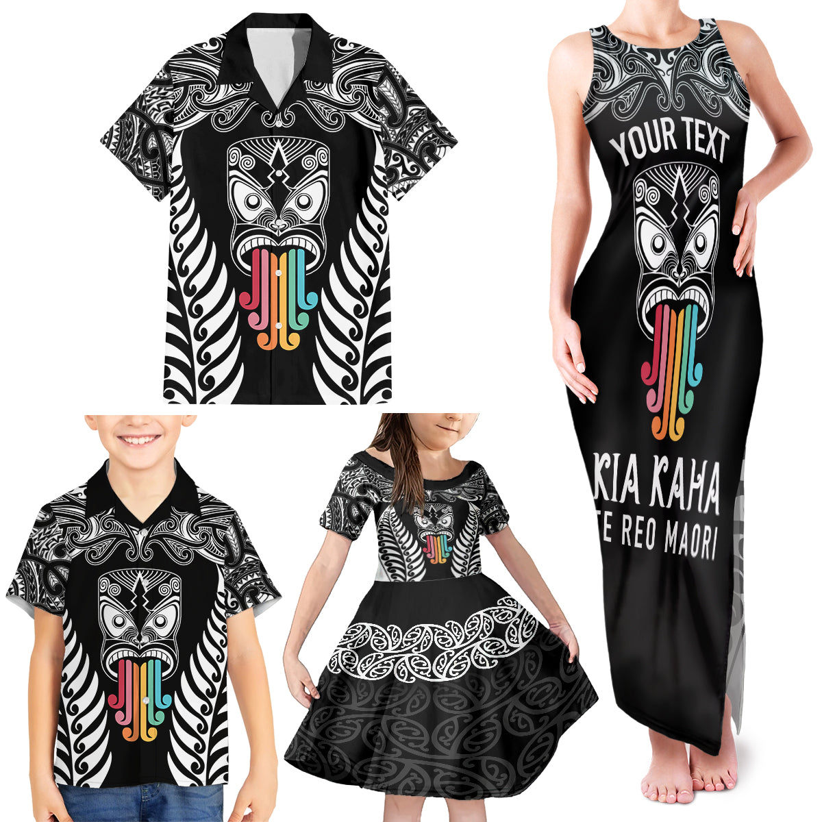 personalised-kia-kaha-te-reo-maori-family-matching-tank-maxi-dress-and-hawaiian-shirt-hei-tiki-mix-koru-black