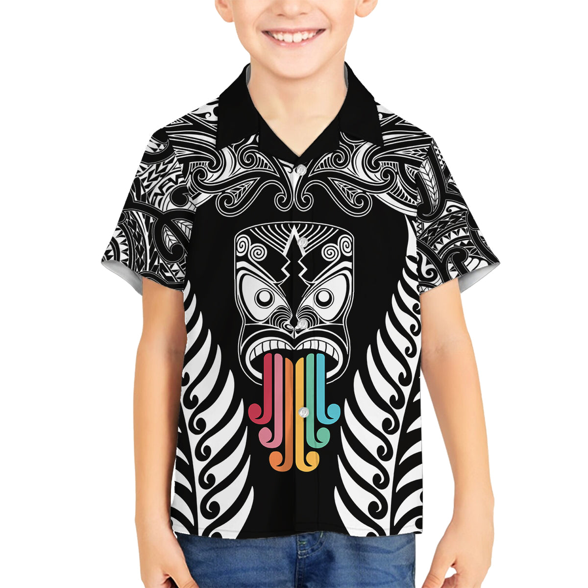 personalised-kia-kaha-te-reo-maori-kid-hawaiian-shirt-hei-tiki-mix-koru-black