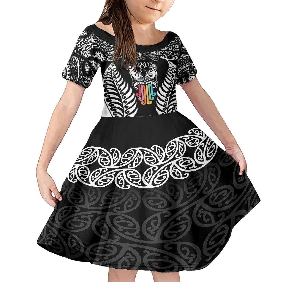 Personalised Kia Kaha Te Reo Maori Kid Short Sleeve Dress Hei Tiki Mix Koru - Black LT7 KID Black - Polynesian Pride