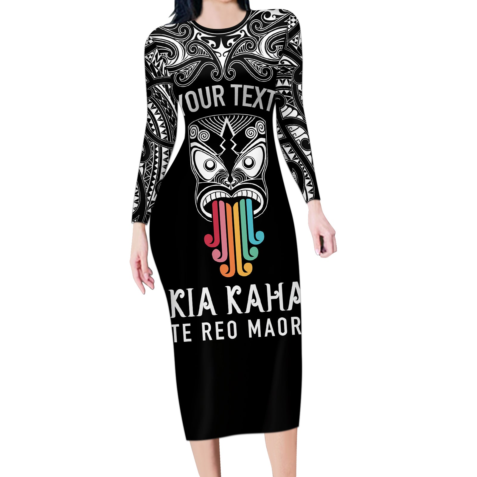 personalised-kia-kaha-te-reo-maori-long-sleeve-bodycon-dress-hei-tiki-mix-koru-black