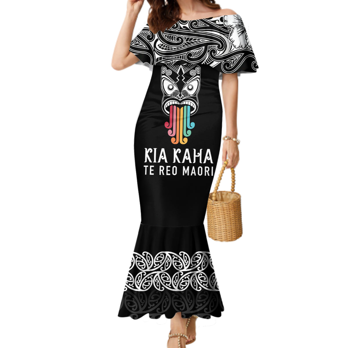 personalised-kia-kaha-te-reo-maori-mermaid-dress-hei-tiki-mix-koru-black