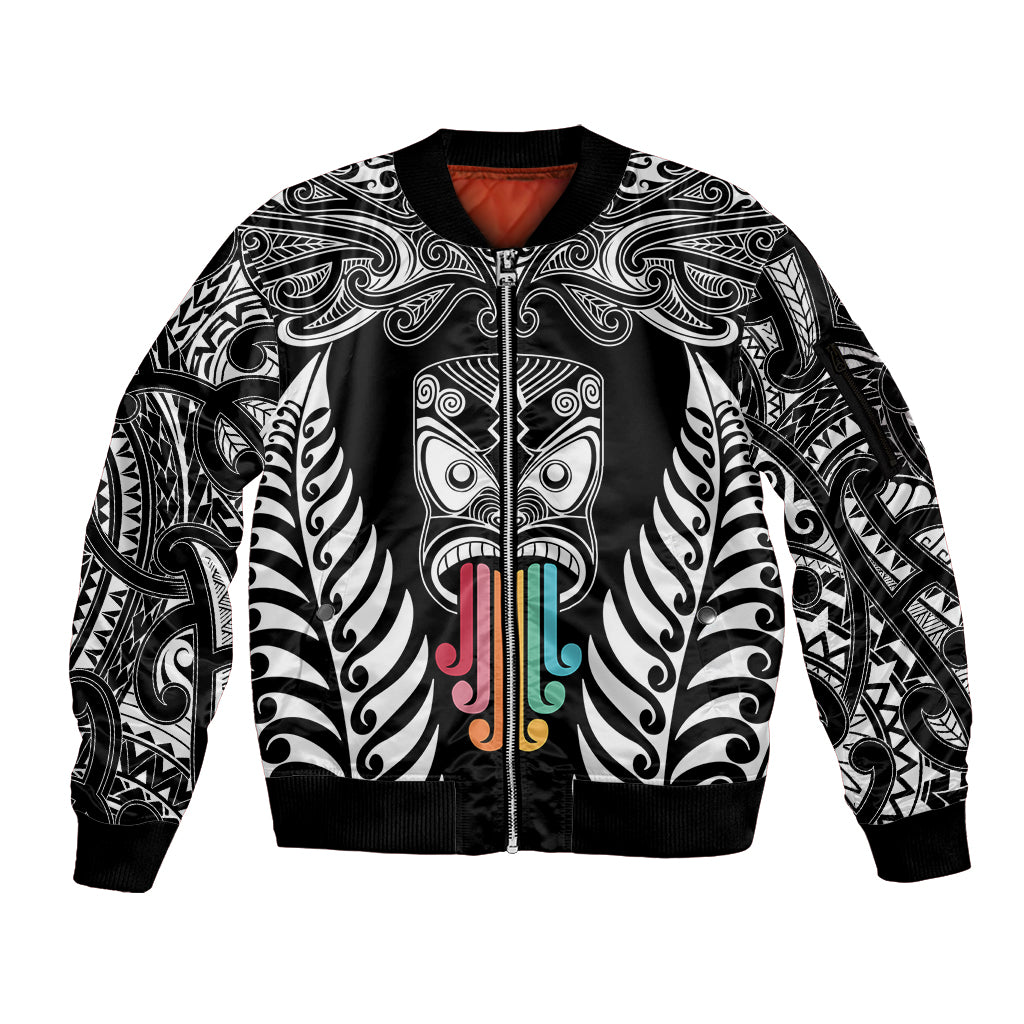 Personalised Kia Kaha Te Reo Maori Sleeve Zip Bomber Jacket Hei Tiki Mix Koru - Black LT7 Unisex Black - Polynesian Pride
