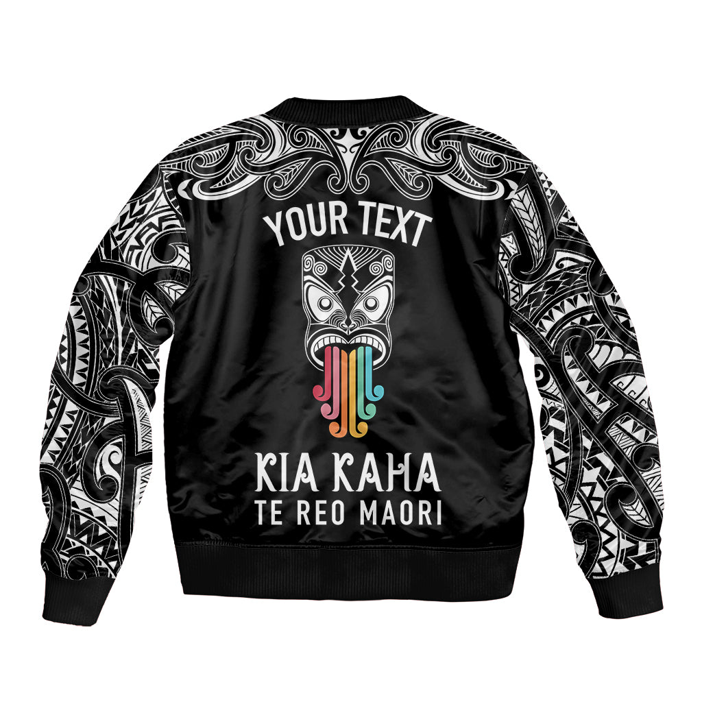 Personalised Kia Kaha Te Reo Maori Sleeve Zip Bomber Jacket Hei Tiki Mix Koru - Black LT7 - Polynesian Pride