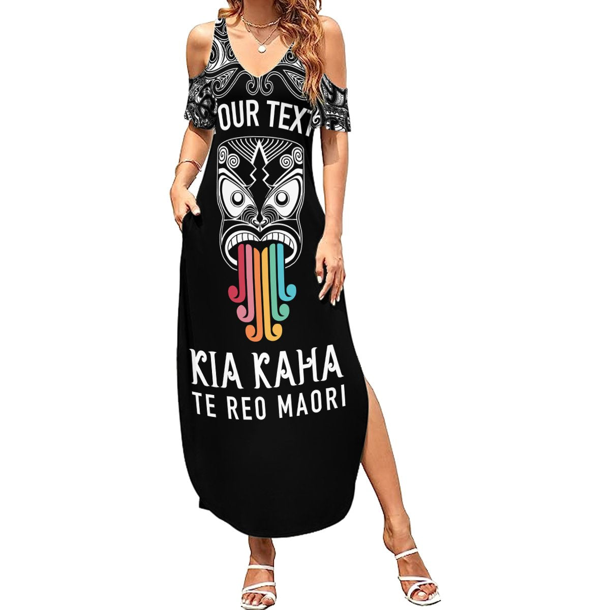 Personalised Kia Kaha Te Reo Maori Summer Maxi Dress Hei Tiki Mix Koru - Black LT7 Women Black - Polynesian Pride