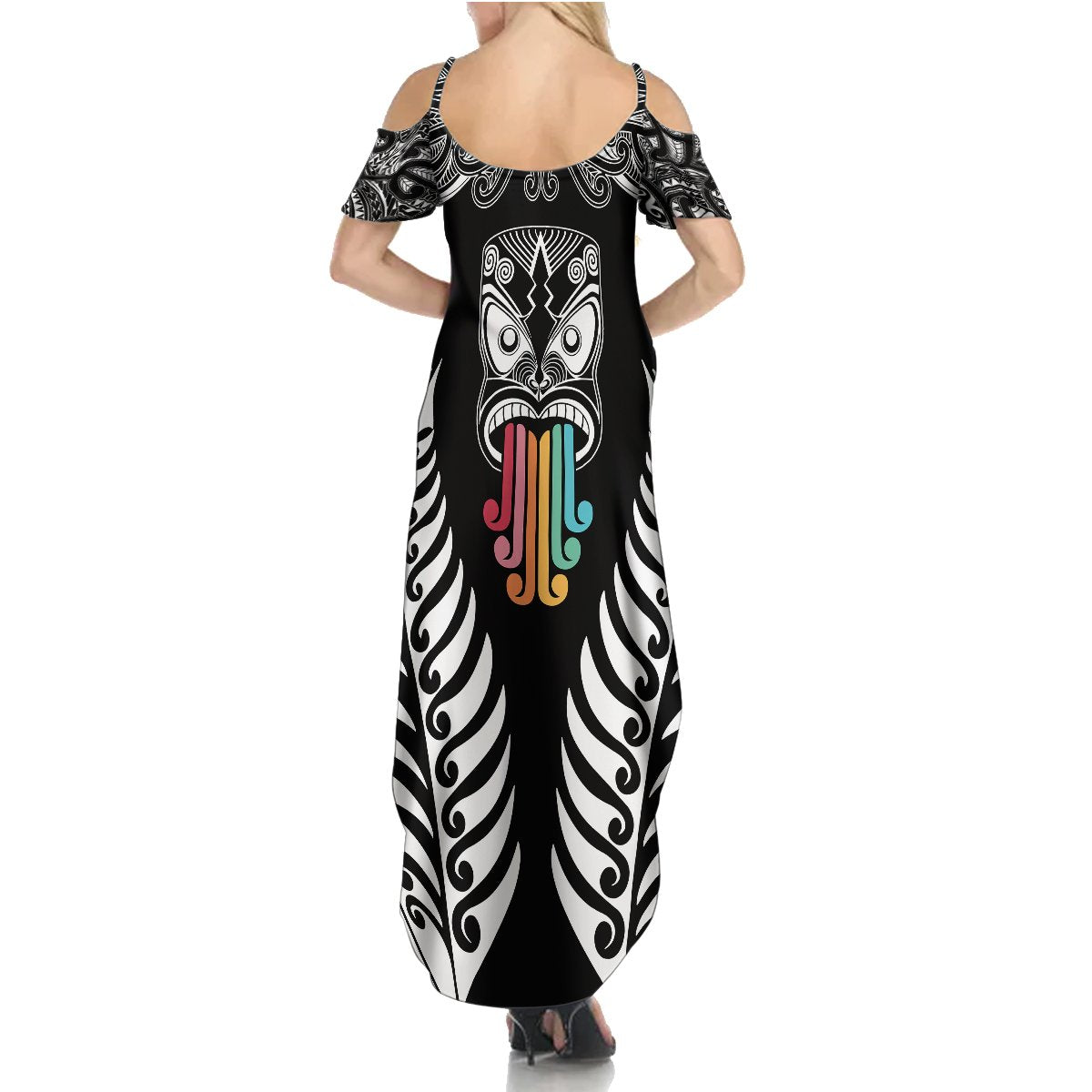 Personalised Kia Kaha Te Reo Maori Summer Maxi Dress Hei Tiki Mix Koru - Black LT7 - Polynesian Pride
