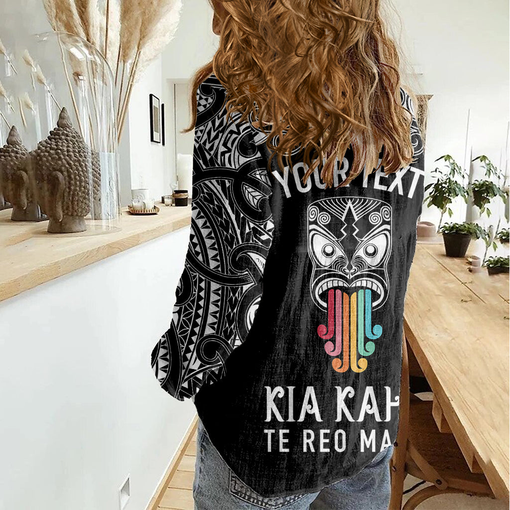 personalised-kia-kaha-te-reo-maori-women-casual-shirt-hei-tiki-mix-koru-black
