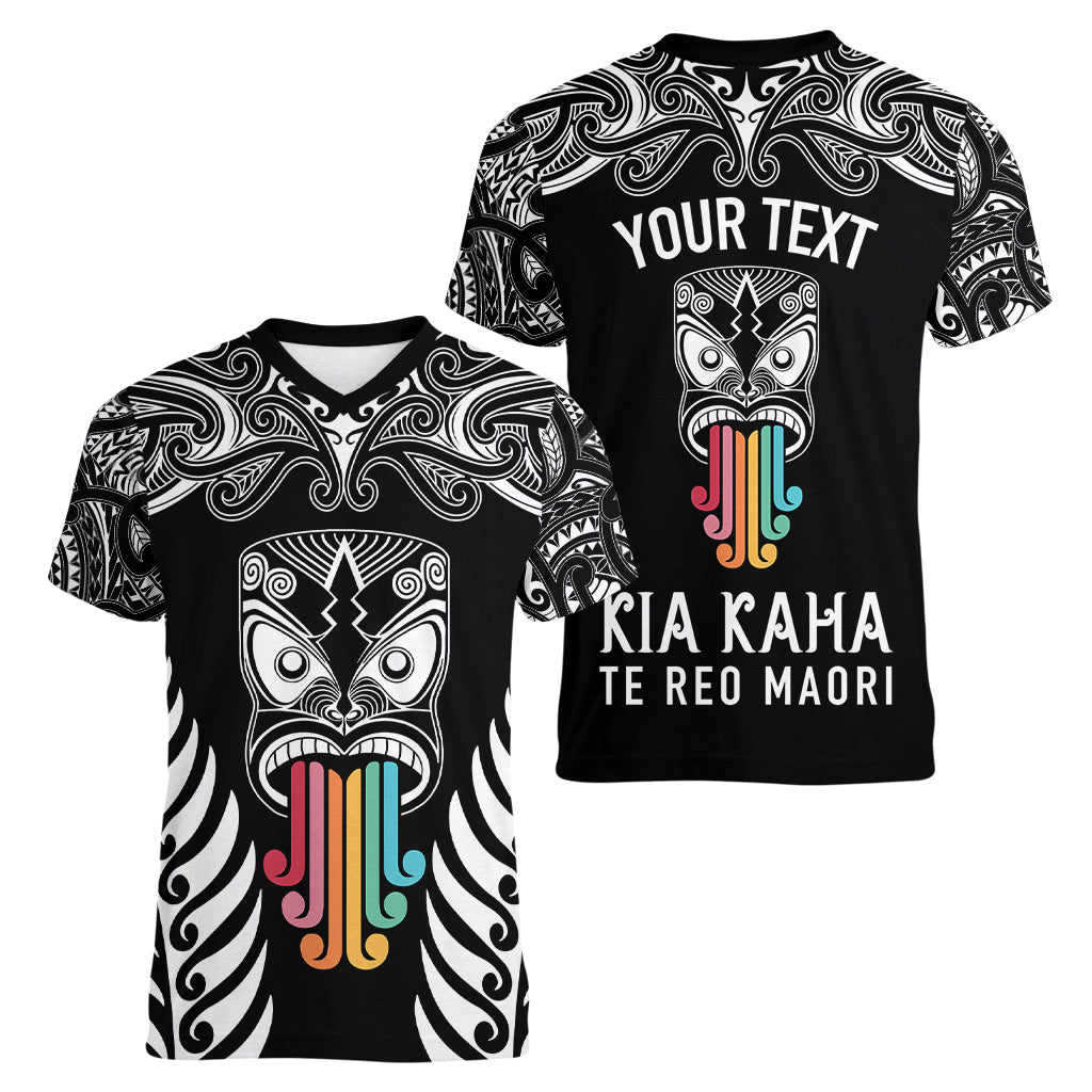 personalised-kia-kaha-te-reo-maori-women-v-neck-t-shirt-hei-tiki-mix-koru-black