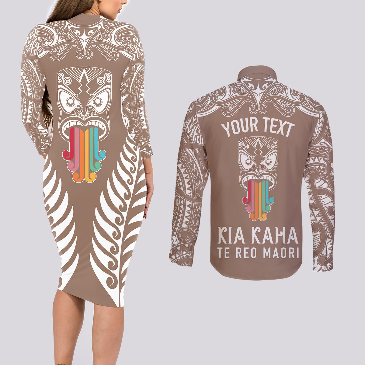 personalised-kia-kaha-te-reo-maori-couples-matching-long-sleeve-bodycon-dress-and-long-sleeve-button-shirts-hei-tiki-mix-koru-brown
