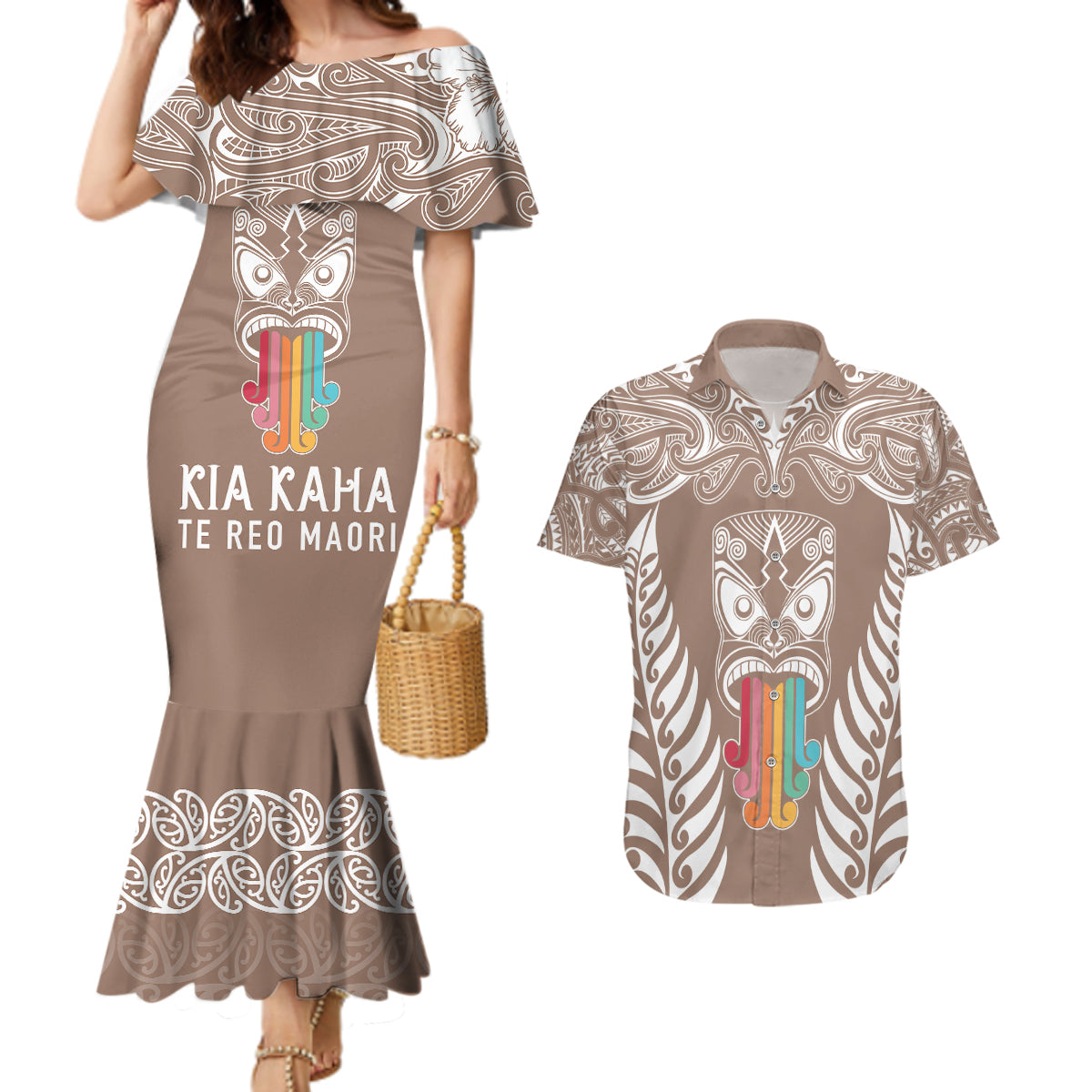 personalised-kia-kaha-te-reo-maori-couples-matching-mermaid-dress-and-hawaiian-shirt-hei-tiki-mix-koru-brown