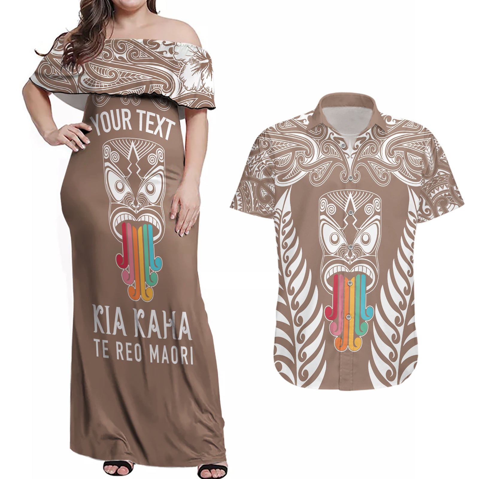 personalised-kia-kaha-te-reo-maori-couples-matching-off-shoulder-maxi-dress-and-hawaiian-shirt-hei-tiki-mix-koru-brown
