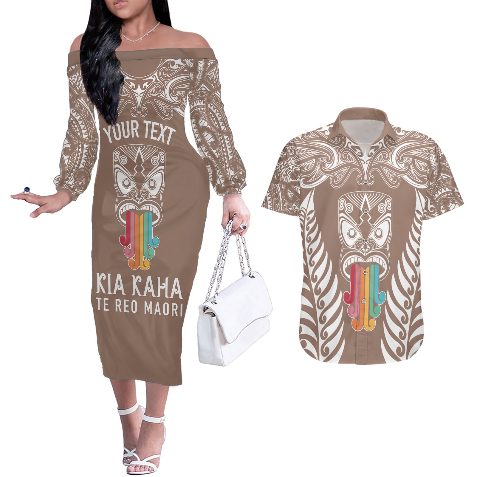 Personalised Kia Kaha Te Reo Maori Couples Matching Off The Shoulder Long Sleeve Dress and Hawaiian Shirt Hei Tiki Mix Koru - Brown LT7 Brown - Polynesian Pride