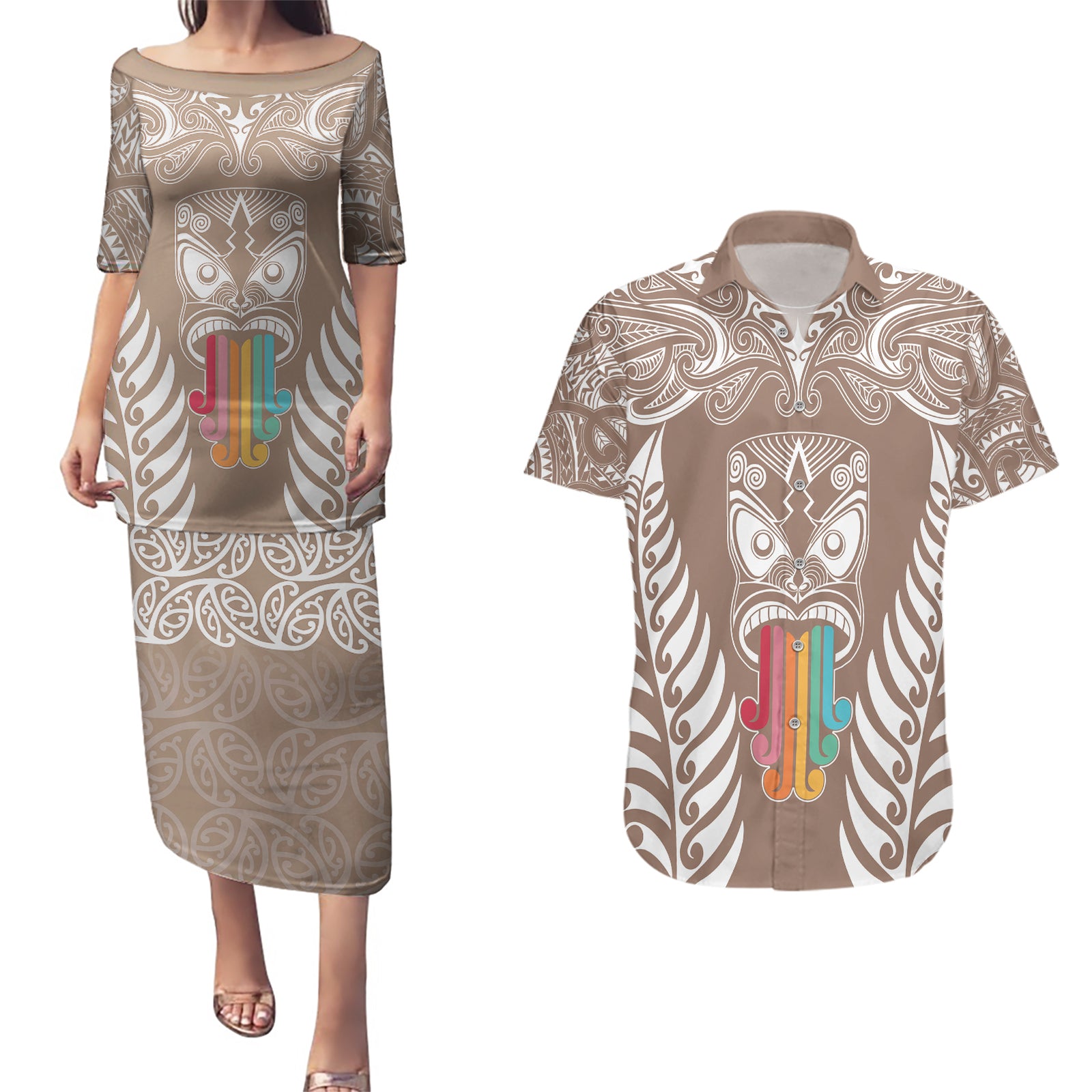 Personalised Kia Kaha Te Reo Maori Couples Matching Puletasi Dress and Hawaiian Shirt Hei Tiki Mix Koru - Brown LT7 Brown - Polynesian Pride