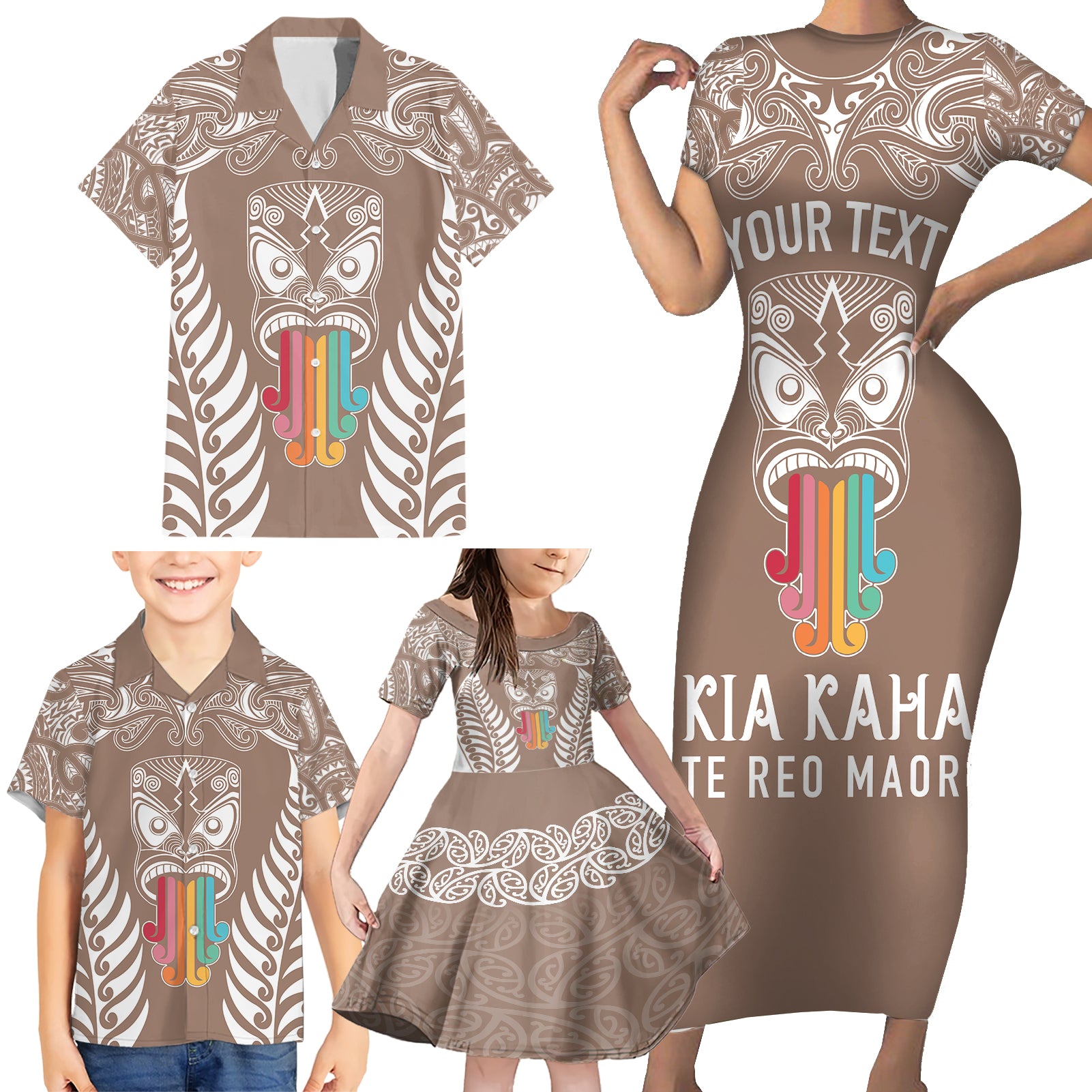 personalised-kia-kaha-te-reo-maori-family-matching-short-sleeve-bodycon-dress-and-hawaiian-shirt-hei-tiki-mix-koru-brown