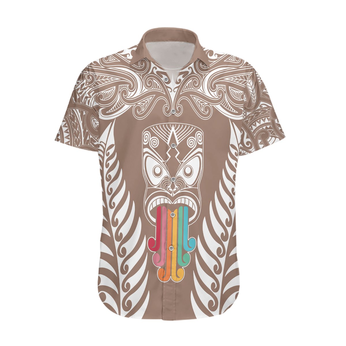 Personalised Kia Kaha Te Reo Maori Hawaiian Shirt Hei Tiki Mix Koru - Brown LT7 Brown - Polynesian Pride