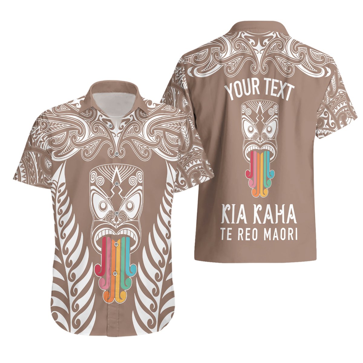 Personalised Kia Kaha Te Reo Maori Hawaiian Shirt Hei Tiki Mix Koru - Brown LT7 - Polynesian Pride