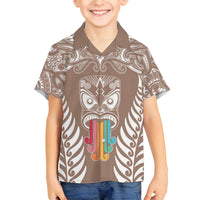 Personalised Kia Kaha Te Reo Maori Kid Hawaiian Shirt Hei Tiki Mix Koru - Brown LT7 - Polynesian Pride
