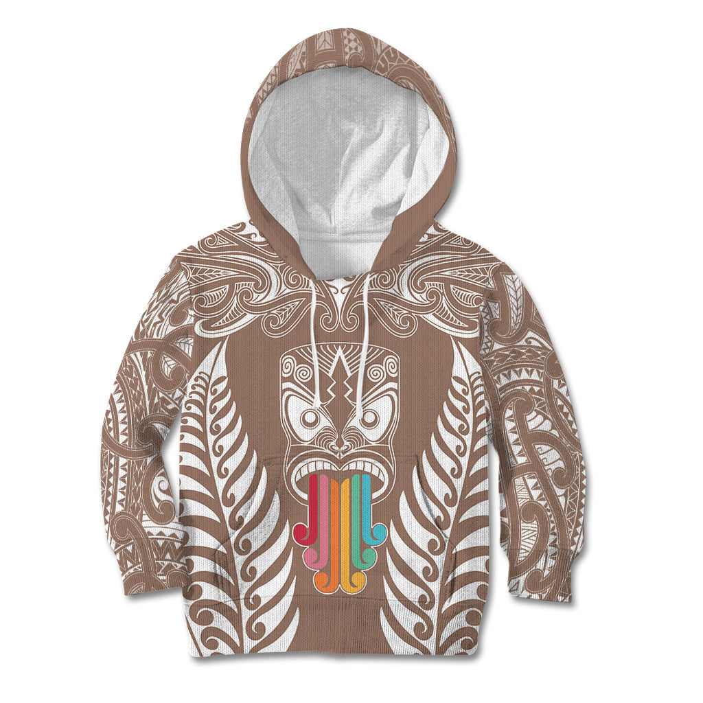 Personalised Kia Kaha Te Reo Maori Kid Hoodie Hei Tiki Mix Koru - Brown LT7 Hoodie Brown - Polynesian Pride