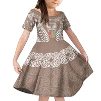 Personalised Kia Kaha Te Reo Maori Kid Short Sleeve Dress Hei Tiki Mix Koru - Brown LT7 KID Brown - Polynesian Pride